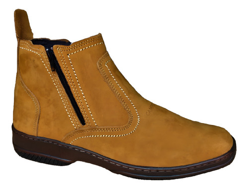 Bota Unisex Botina Masculina Feminina Couro Camurça Nobuck Conforto Com Ziper Cor Amarelo Castor Forrada Solado Costurad