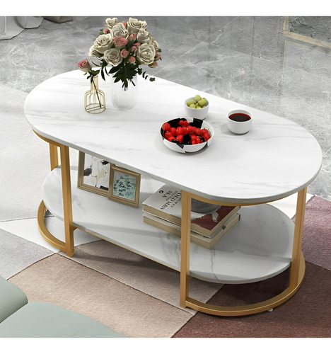 Mesa De Centro De Lujo 2 Niveles Estilo Mármol Brillante