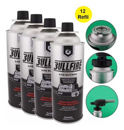 Kit 12 Latas Refil Gás Butano 230g Para Fogareiro E Maçarico Bullfire