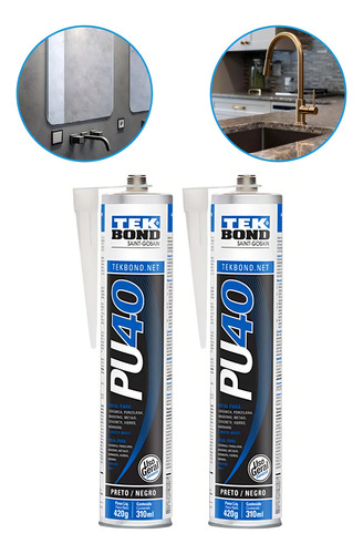 Kit 2 Adesivos Pu40 Preto Cartucho 310ml/ 420g Tek Bond