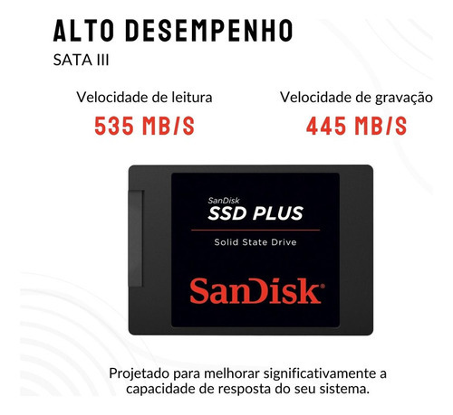 Sandisk Plus Sata Iii SSD de 480 GB, lectura de 535 MB/s, Grav 445 MB/s, color negro