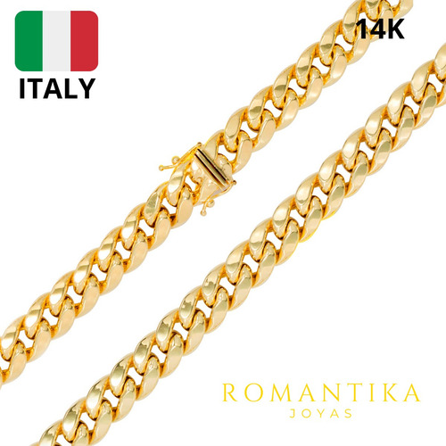 Cadena Barbada Cubana Miami Oro 14k 60cm 11mm Italiano Caja Color Dorado