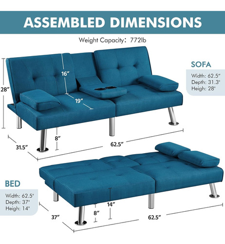 Sofá Cama Convertible De Tela Ajustable, Azul Yaheetech