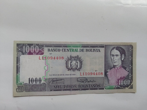 Billete Bolivia 1000 Pesos Bolivianos Ley De 1982 Serie L 