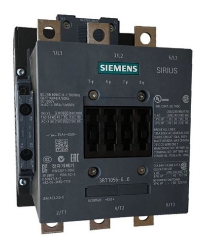 Contactor 185a Bobina 220v Siemens 3rt10566ap36 120hp A 440v