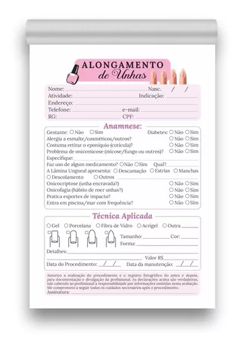 Ficha Anamnese Alongamento De Unhas + Cuidados Blocos 100fls