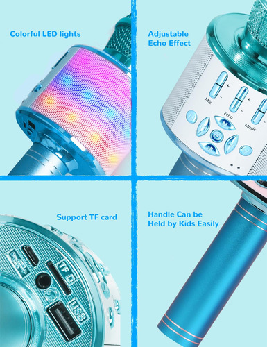 Micrófono De Karaoke Amazmic Kids Bluetooth Led Azul Claro