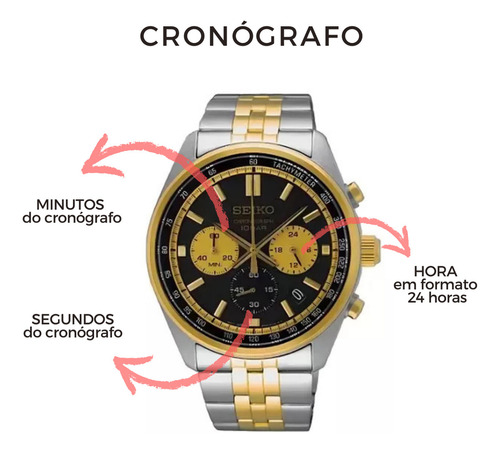Relógio Seiko masculino cronógrafo SSB430B1 esportivo de aço dourado com mostrador preto à prova d'água, pulseira de aço inoxidável elegante e robusto