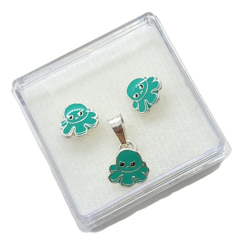 Dije De Pulpo Verde De Plata 925+aretes Y16