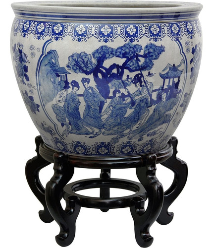 Oriental Furniture  Pecera De Porcelana Azul Y Blanca P...