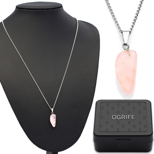 Corrente Colar Aço Inox J-623 Pingente Pedra Quartzo Rosa Cor Prata