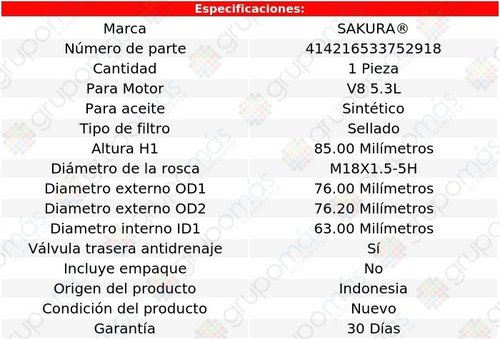 Filtro De Aceite Sintético Cheyenne V8 5.3l Chevrolet 10