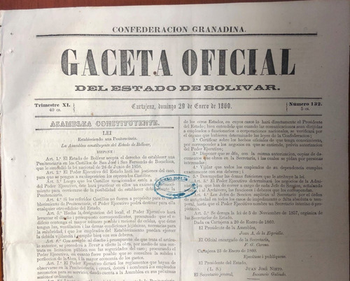 Gaceta Estado De Bolívar 1860 Confederación Granadina