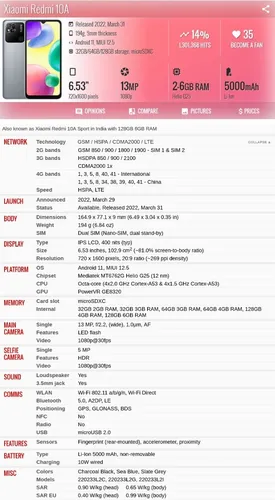 Xiaomi Redmi 10a 220233l2c 3gb 64gb Dual Sim Duos