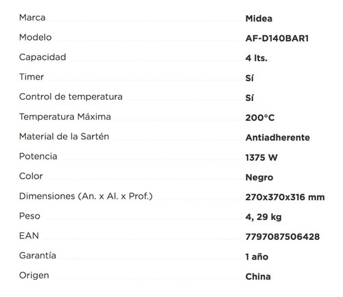 Imagen 5 de 8 de Freidora Midea Af-d140bar1 Sin Aceite 4 Litros Digital