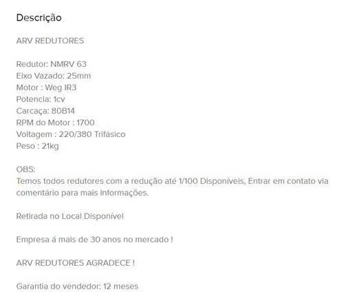 Motoredutor Vds 1cv Weg Trifásico Eixo 25mm Vazado