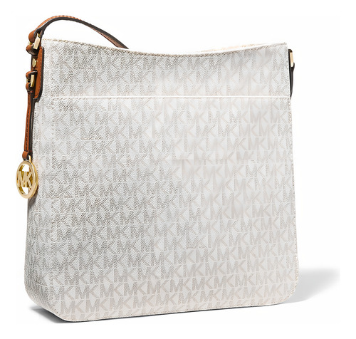 Michael Kors Jet Set Travel Large Logo Messenger Bag Lady Hardware Finish, cor dourada, cor de alça de ombro bege, cor marrom, design de tecido, tela com logotipo impresso
