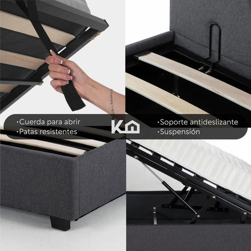 Base De Cama Abatible y Colchón Kingshouse BEDPLEGA-DUOSG20 Memory Foam 135x190x20 cm Con Resortes Pocket Matrimonial Box De Madera Cabecera Color Gris