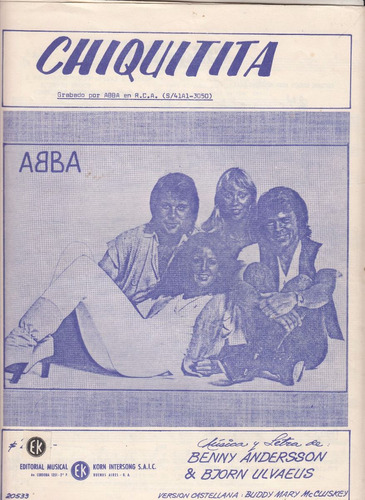 Musica Pop Suecia 1980 Abba Partitura De Cancion Chiquitita