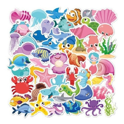 50 Stickers Impermeables Animales Marinos, Oceano