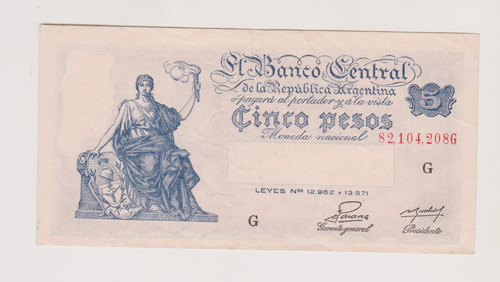 Billete Argentina 5 $ Bott 1866 Año 1954 Muy Bueno +