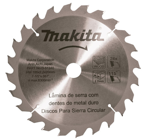 Disco Lâmina Serra Circular 185x20mm 24 Dente D-51340 Makita