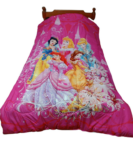 Acolchado Infantil Reversible 1 Y 1/2 Plaza Princesas Disney / Flores Verde Agua Reversible
