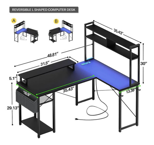 Escritorio De Computadora Reversible En L Con Carga Usb Led
