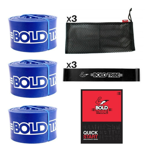 Kit 3 Ligas Bandas Resistencia Pull Ups Crossfit Azul #5 + 7 Bonos Calistenia Mma Box Elasticas Ejercicio Tapout