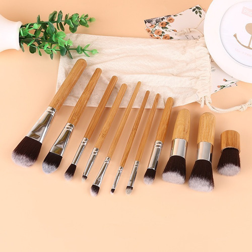 Imagen 2 de 9 de Set 11 Brochas Pinceles Maquillaje Bambú Con Bolsa Algodón