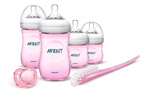 Set Avent Natural 4 Biberones  Cepillo Y Chupo Rosado 