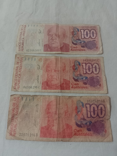 3 Billetes Antiguos Argentinos 100 Australes ( Usado )