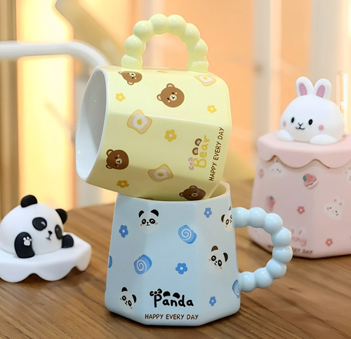 Taza De Cerámica 360 Ml Diseño Animal Con Tapa Y Popote