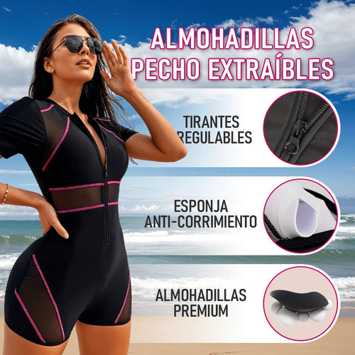 Nm Traje De Baño Una Pieza Manga Corta Negro Bikini Con