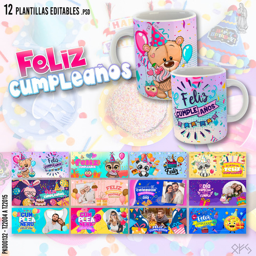 12 Plantillas Editables Para Sublimar Tazas De Cumpleaños
