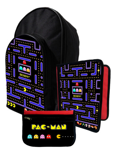Kit Mochila+ Carpeta+ Cartu De Pacman  #476