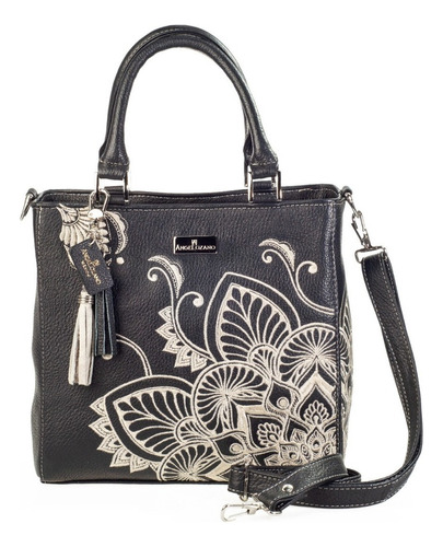 Bolsa De Piel Con Bordado Artesanal Mandala Bolso Moda Dama Color Negro Diseño de la tela Pilar Mandala