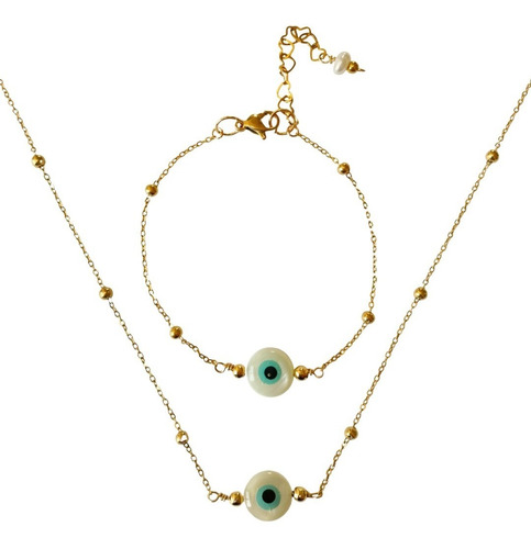 Set Collar Pulsera Ojo Turco Madreperla Chapa Oro 18k Perlas