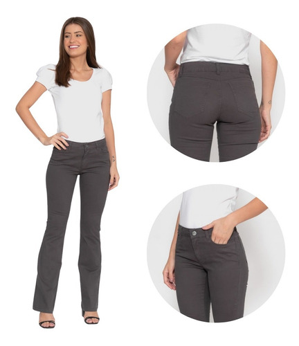 Imagem 3 de 7 de Kit 2 Pçs Calça Flare Em Sarja Lycra E Saia Feminina Bolsos