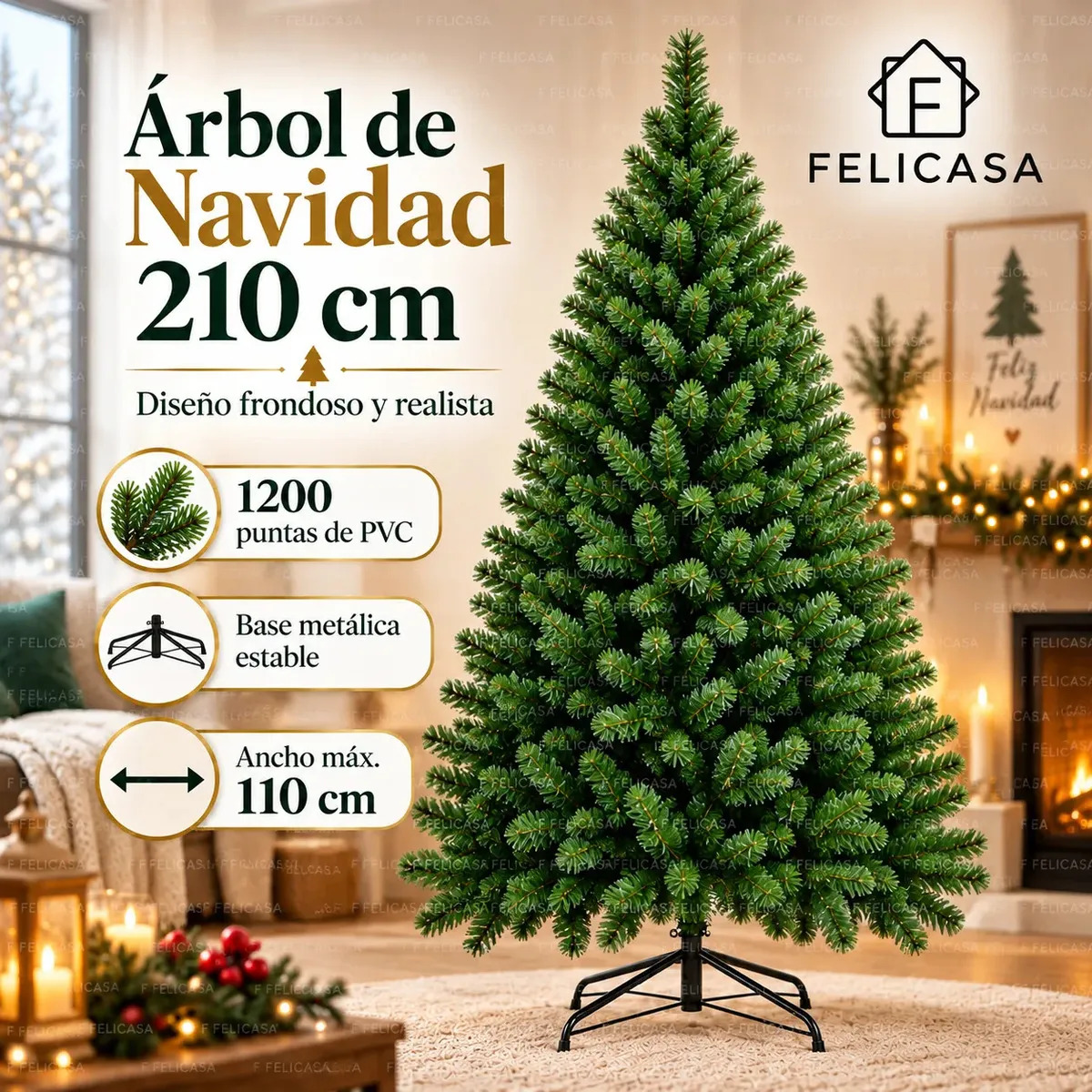 Árbol de Navidad Frondoso F FELICASA de 2.1 Metros, con 1200 Ramas de Pino PVC Ignífugo y Base Metálica Plegable