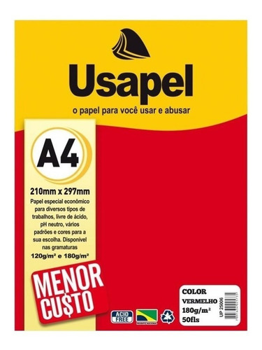 Pct De Papel Color Plus A4 180g Colorido Escola Arte C/50fls Cor Vermelho