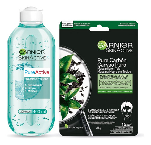 Tripack Mascarilla Detox + Agua Micelar Pure Active Garnier