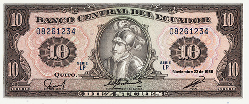 Billete De Ecuador 10 Sucres, Sebastián Benalcázar 1988 Nvo.