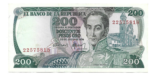 Billete Colombia 200 Pesos Oro 1974 Simón Bolívar * Escaso