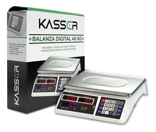Balanza Digital Kasser Pesa 40 Kilos Comercial Recargable Color Blanco