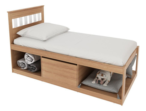 Cama Solteiro 1 Pta E Nichos Espaço Pet Multimóveis Cr40112 Cor Amêndoa/Branco