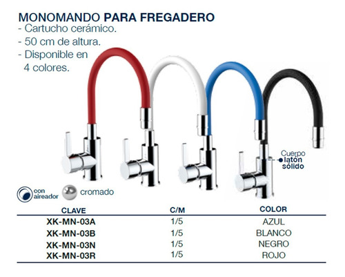 Imagen 3 de 4 de Mezcladora Monomando Fregadero Flexible Latón Solido Colores