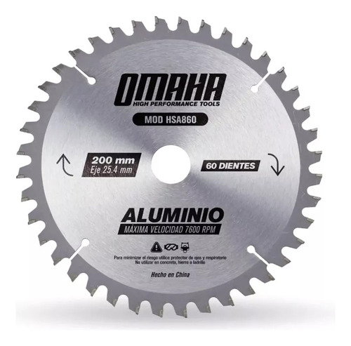 Hoja De Sierra Para Aluminio 200mm 60 Dientes Omaha Hsa860