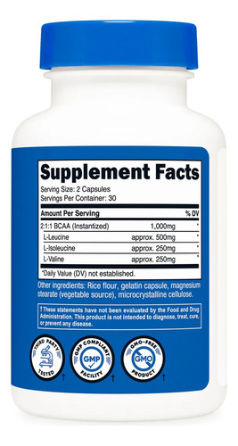 Nutricost Bcaa 1000 Mg 60 Cápsulas 500 Mg Por Cápsula Sabor Sin Sabor