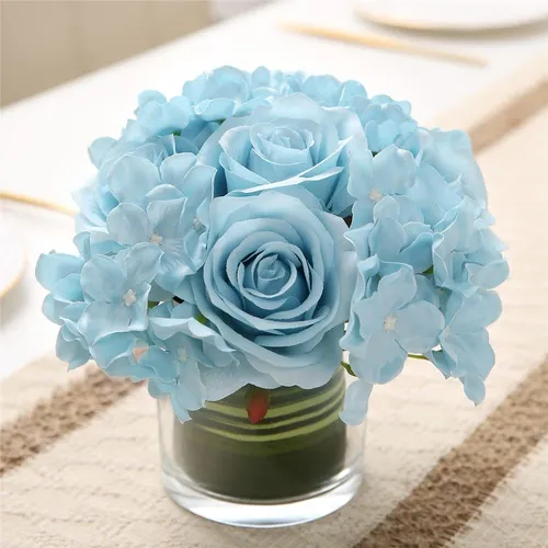comprar Centro Mesa Artificial Seda Rosa Hortensia Florero Vidrio